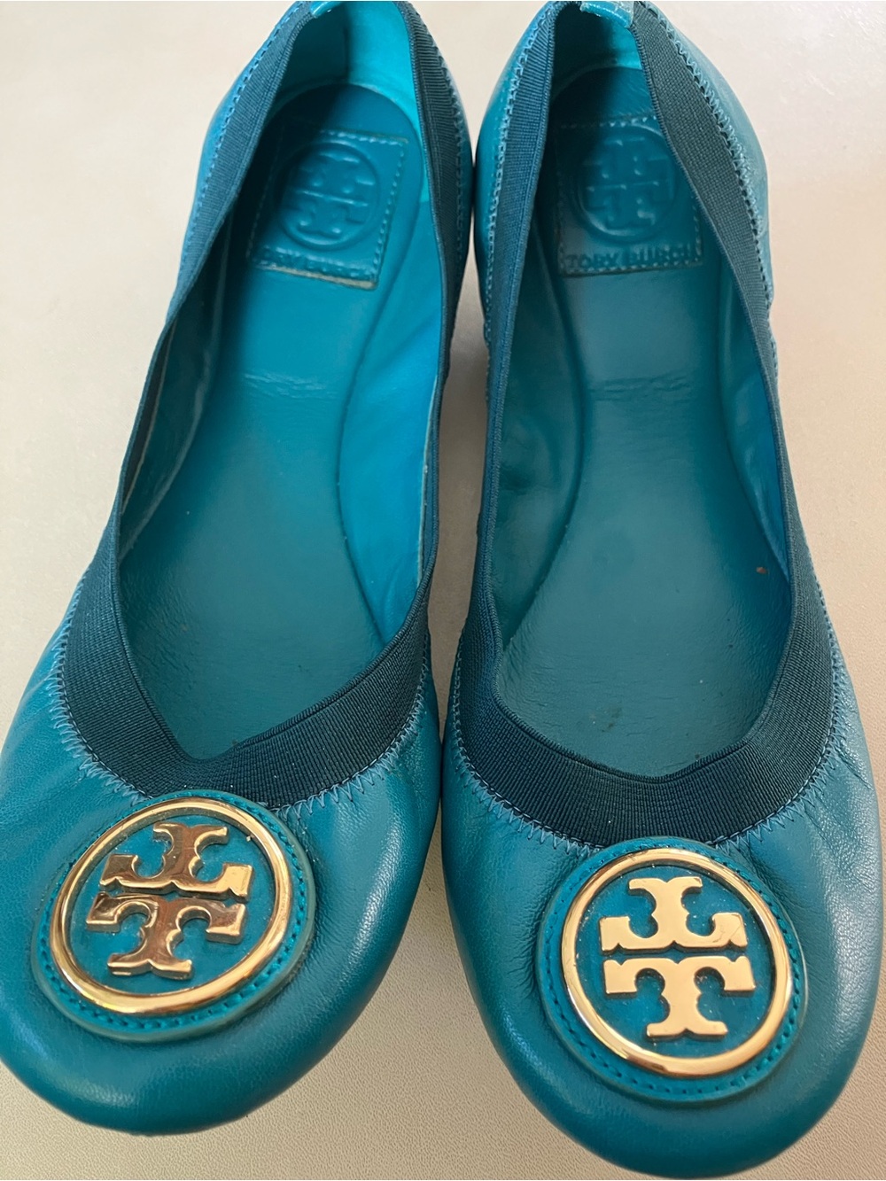 Tory Burch Teal Leather Logo Round-Toe Ballet Flats